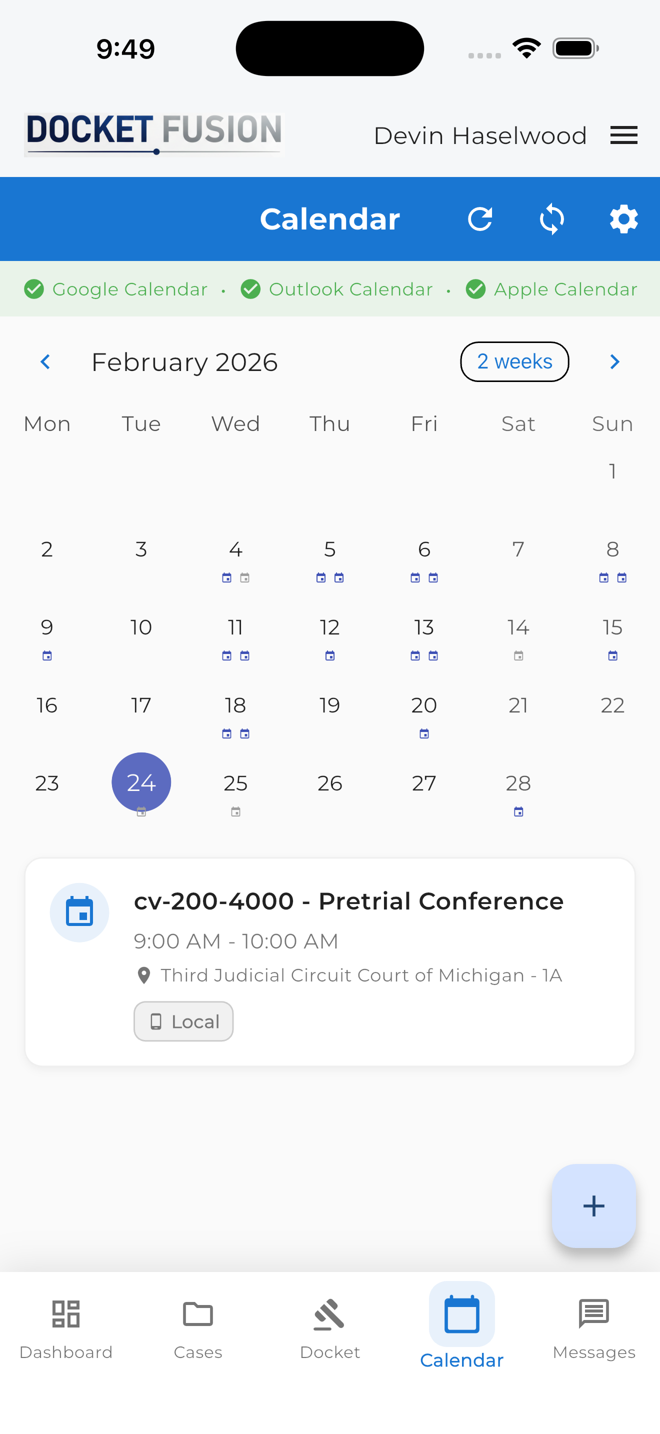 DocketFusion mobile calendar view